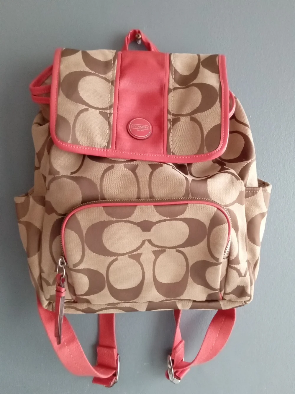 Coach Signature Jacquard Backpack Khaki Brown Coral Pink F1615-F21928 - Picture 4 of 5